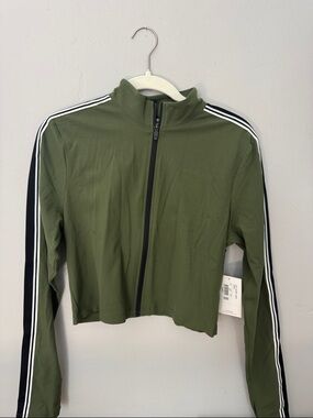 Splits59 Olive Cropped Zip Up with Stripe Sleeves